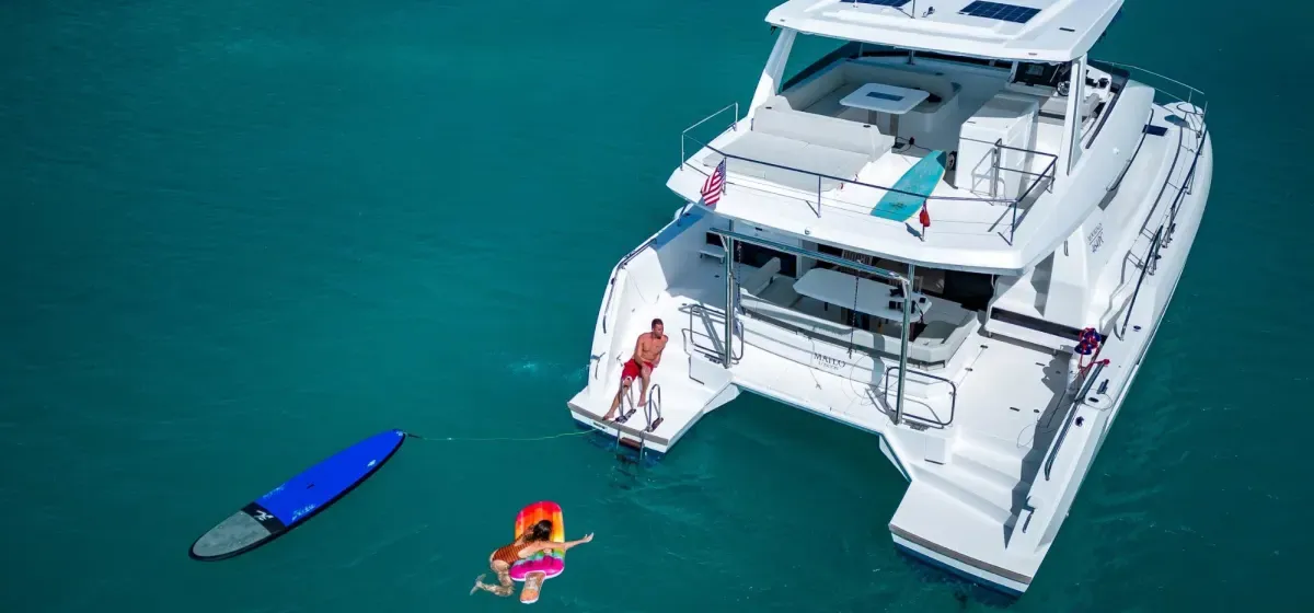 Exterior view of Moorings 464PC/10 Club, a Leopard 46PC catamaran at Road Town, British Virgin Islands
