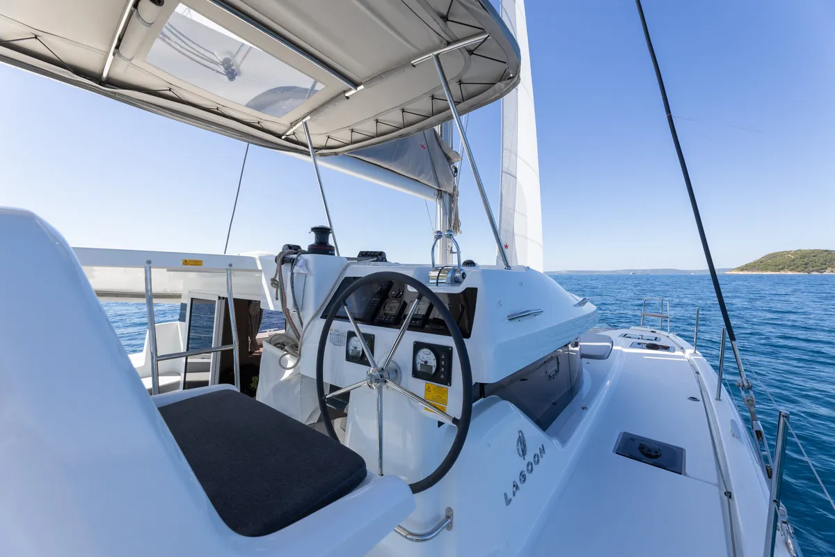 Cockpit of FURIA, a Lagoon 38 catamaran at Općina Rogoznica, Croatia