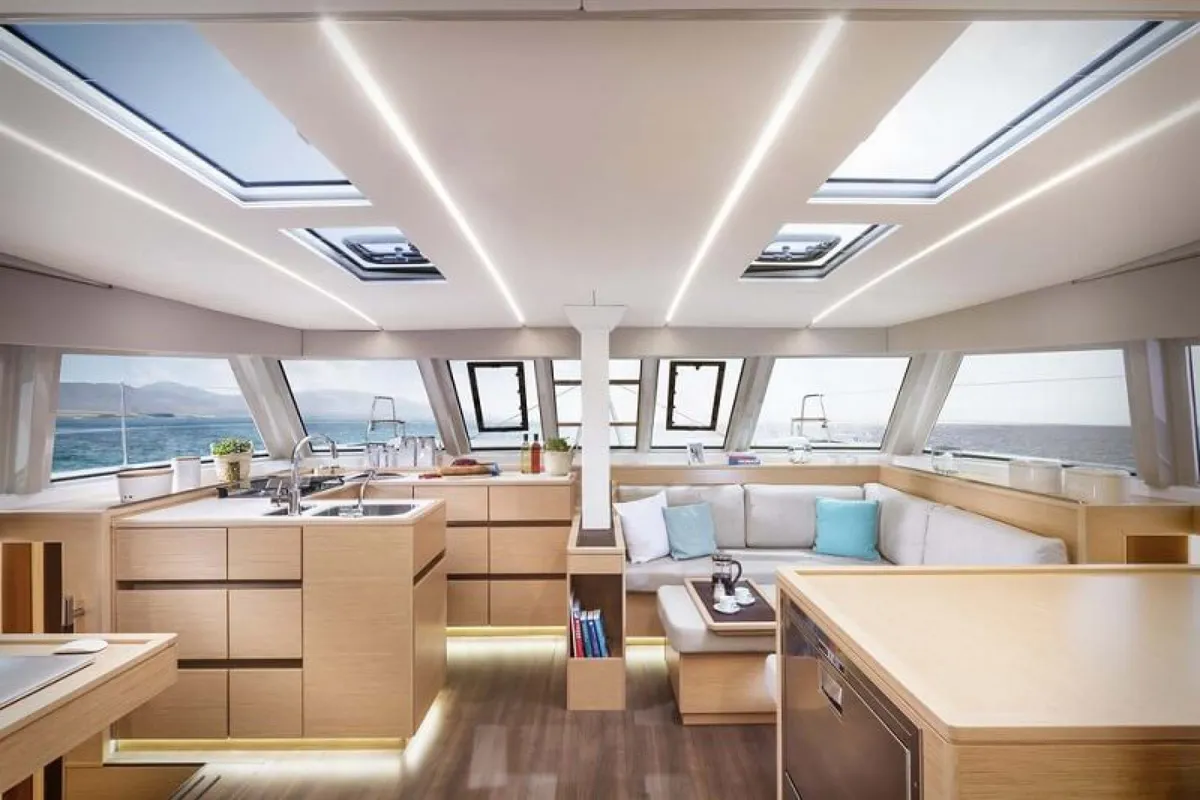 Salon of Aseba, a Nautitech 46 Open catamaran at Cogolin, France