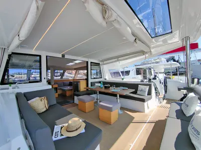 Deck of Aseba, a Nautitech 46 Open catamaran at Cogolin, France