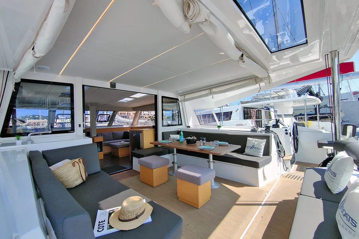 Deck of Aseba, a Nautitech 46 Open catamaran at Cogolin, France