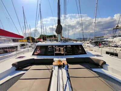 Deck of Aseba, a Nautitech 46 Open catamaran at Cogolin, France