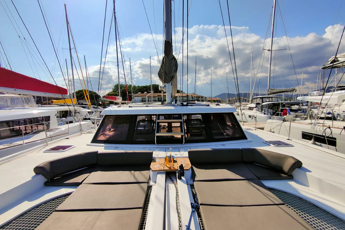 Deck of Aseba, a Nautitech 46 Open catamaran at Cogolin, France