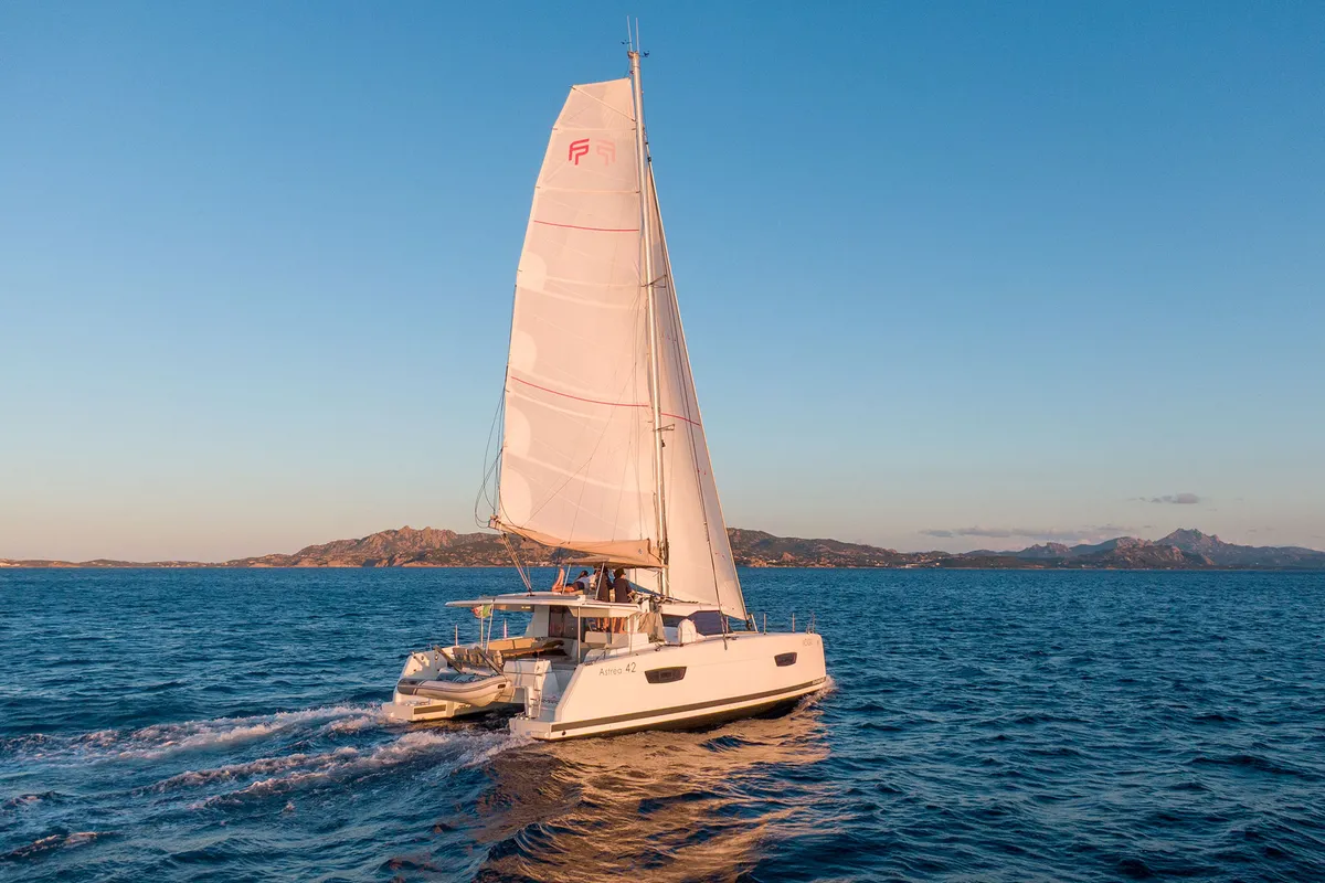 Exterior view of Agitation, a Fountaine Pajot Astrea 42 catamaran at Cannigione, Italy