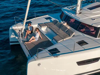 Deck of Agitation, a Fountaine Pajot Astrea 42 catamaran at Cannigione, Italy