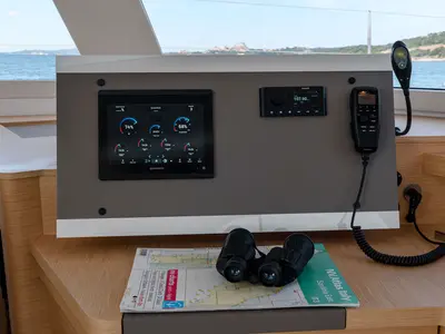 Cockpit of Agitation, a Fountaine Pajot Astrea 42 catamaran at Cannigione, Italy