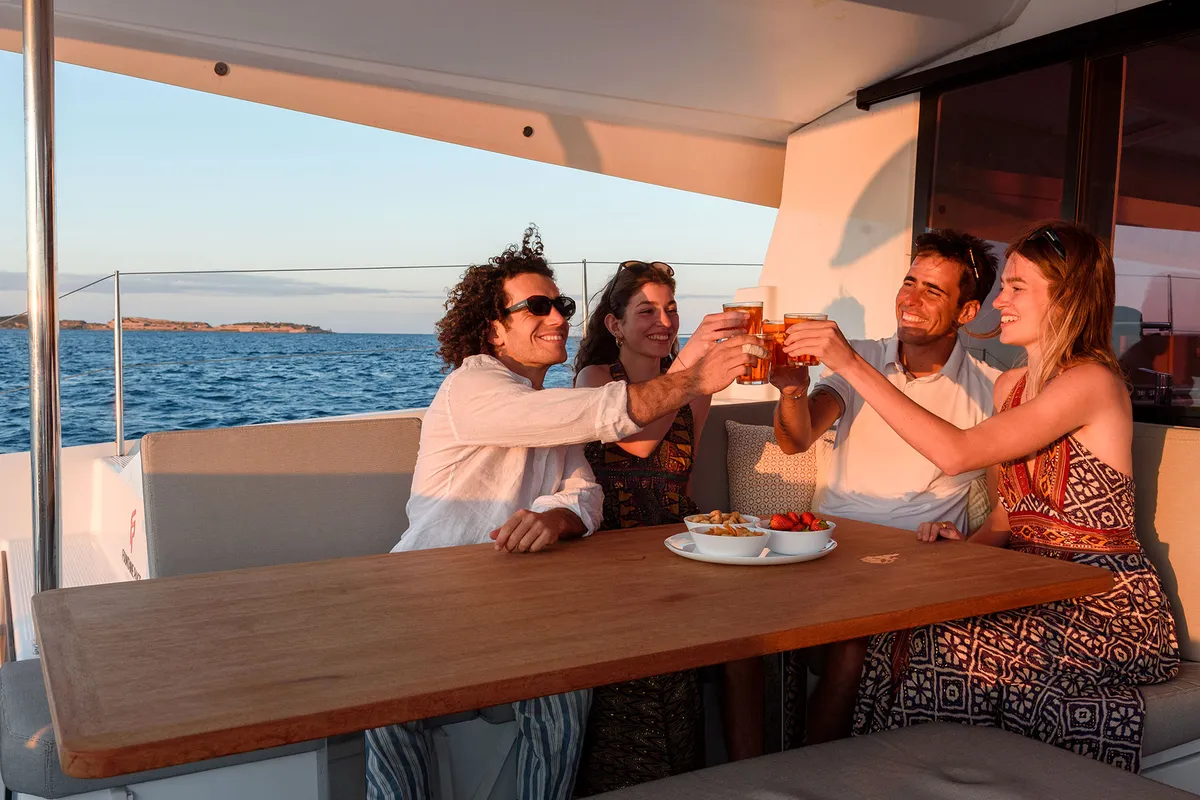Deck of Agitation, a Fountaine Pajot Astrea 42 catamaran at Cannigione, Italy