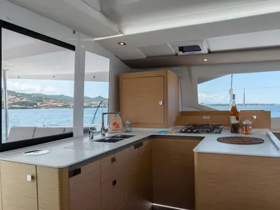 Galley of Agitation, a Fountaine Pajot Astrea 42 catamaran at Cannigione, Italy