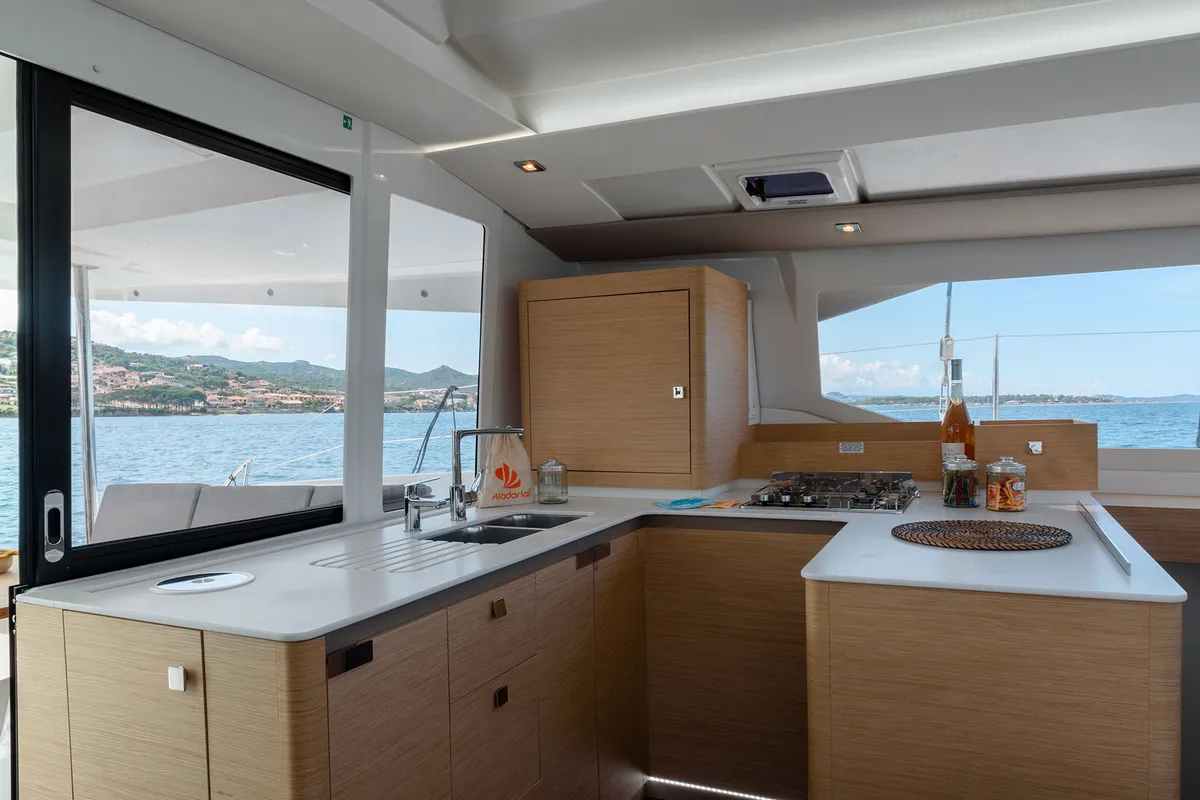 Galley of Agitation, a Fountaine Pajot Astrea 42 catamaran at Cannigione, Italy
