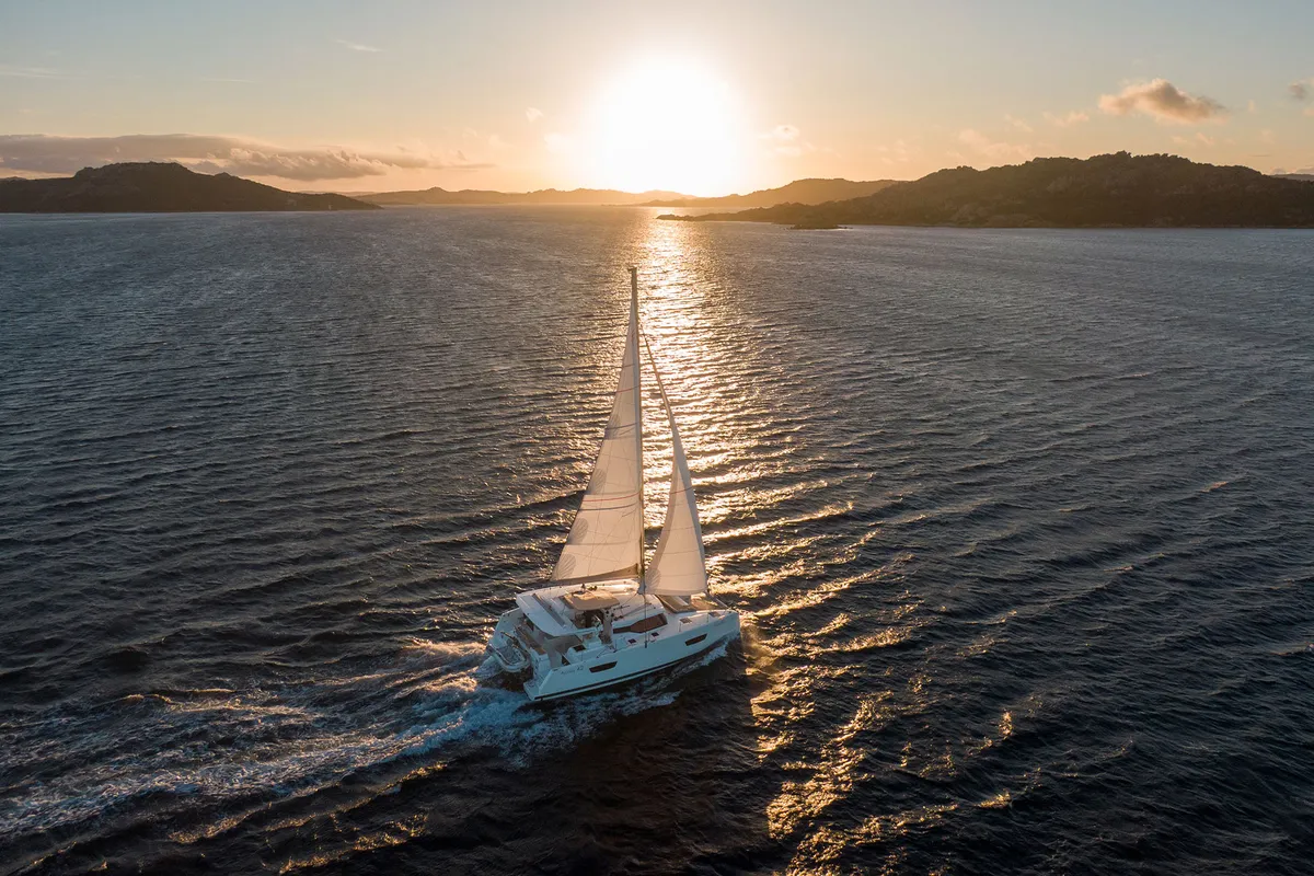 Exterior view of Agitation, a Fountaine Pajot Astrea 42 catamaran at Cannigione, Italy