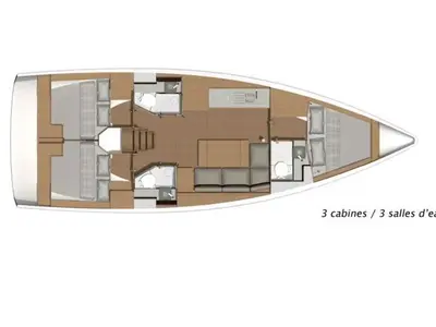 Floor plan of Friend Planet, a Dufour 390 Grand Large sailboat at Tonnarella, Italy