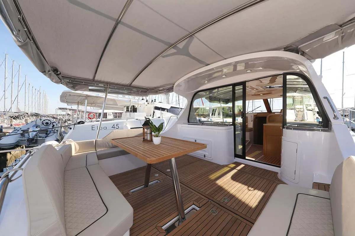 Deck of Adriana, a SAS - Vektor Adriana 44 motor yacht at Grad Biograd na Moru, Croatia