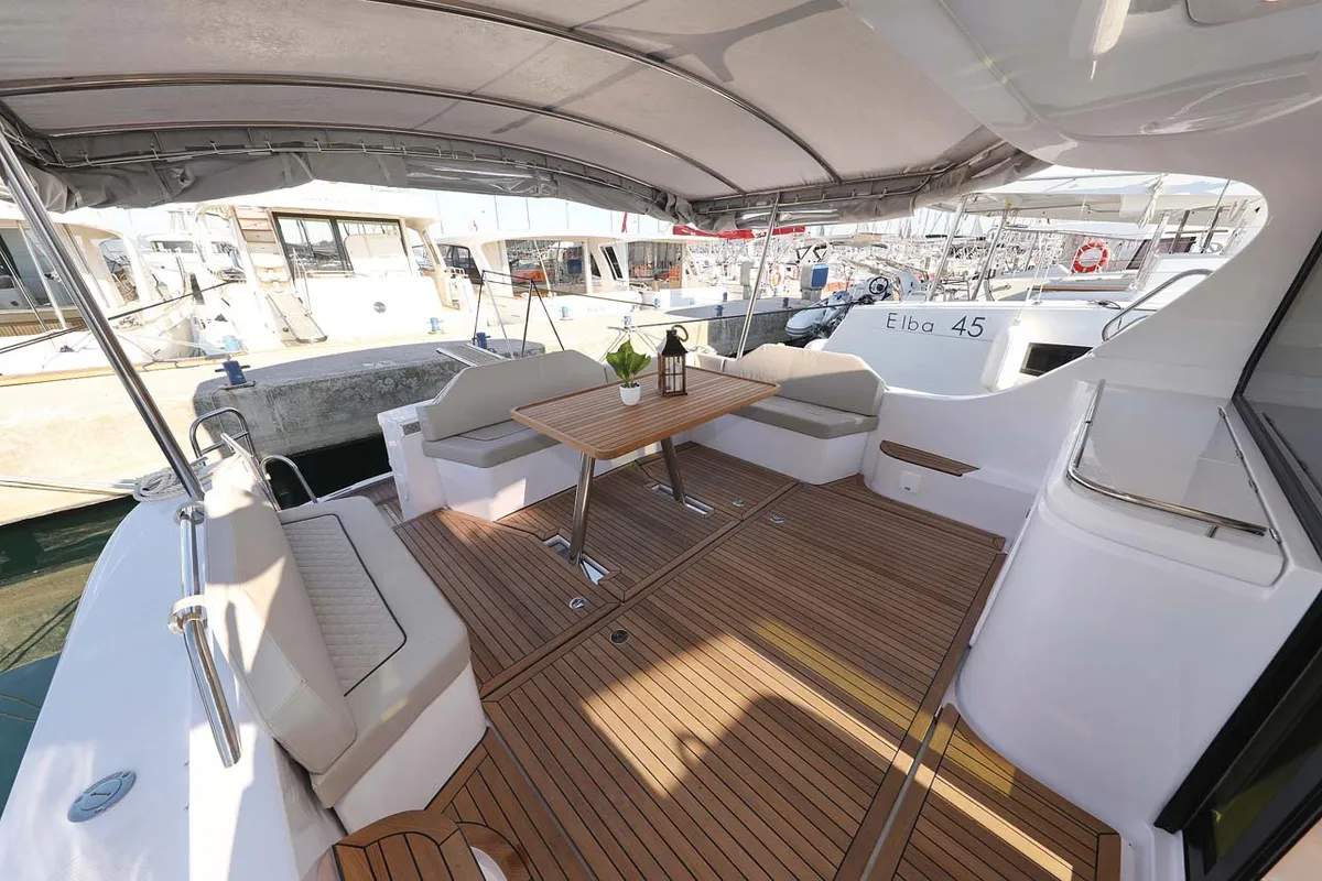 Deck of Adriana, a SAS - Vektor Adriana 44 motor yacht at Grad Biograd na Moru, Croatia