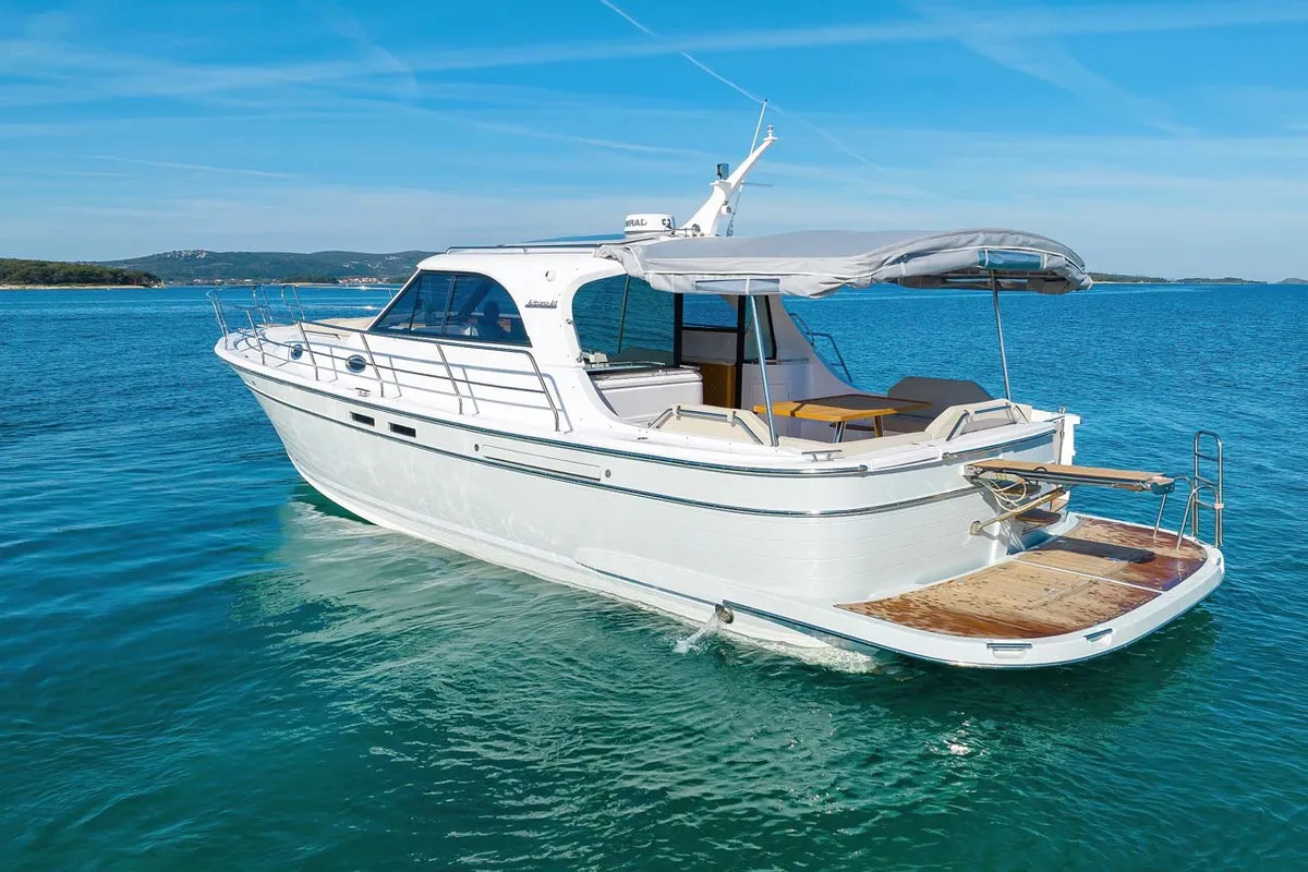 Exterior view of Adriana, a SAS - Vektor Adriana 44 motor yacht at Grad Biograd na Moru, Croatia
