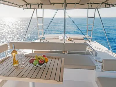 Deck of Kos 46.Cat11, a Bali 4.6 catamaran at Kos, Greece