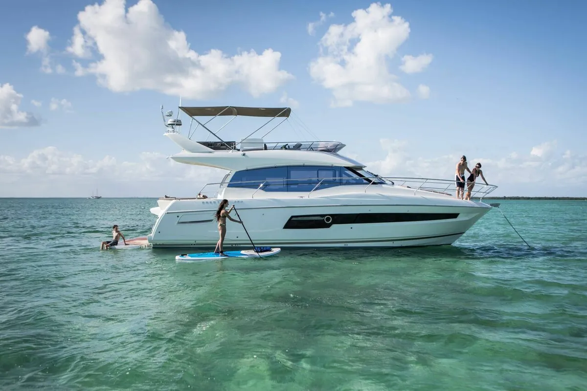 Exterior view of Prestige 460, a Jeanneau Prestige 460 Fly motor yacht at Grad Pula, Croatia