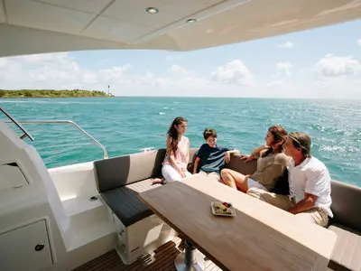 Deck of Prestige 460, a Jeanneau Prestige 460 Fly motor yacht at Grad Pula, Croatia