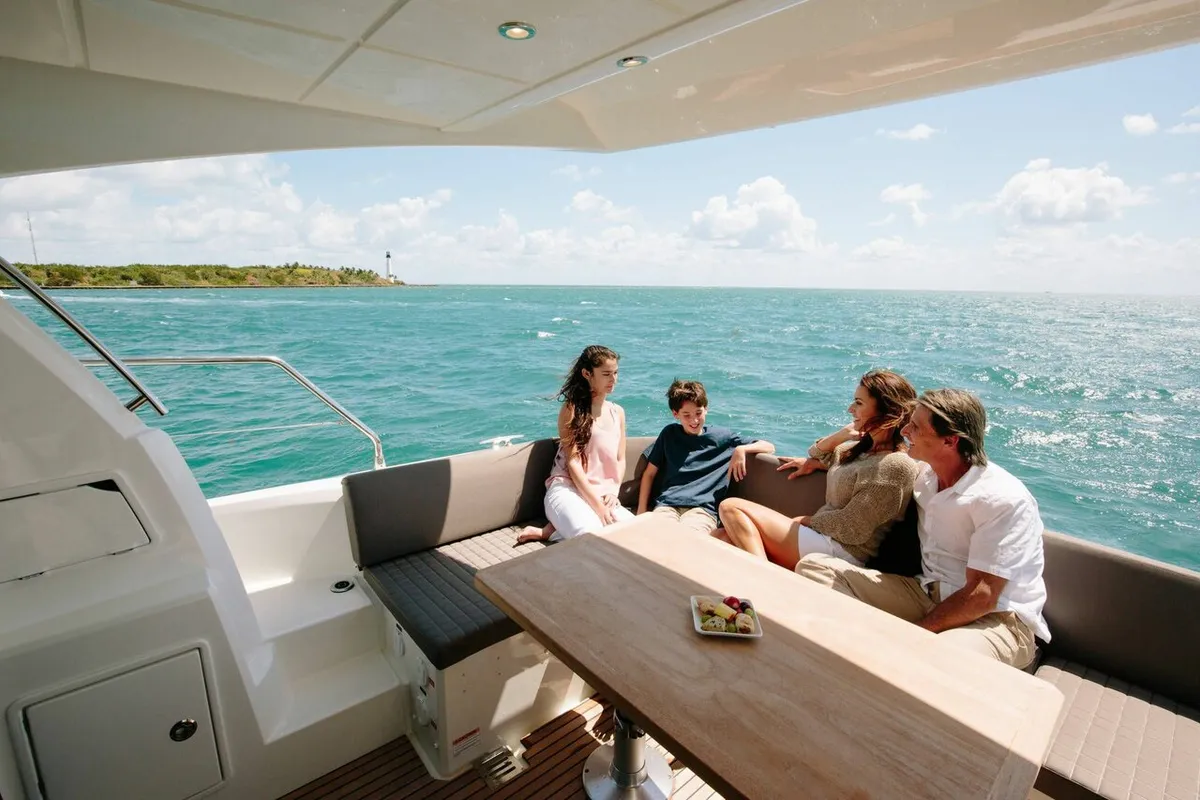 Deck of Prestige 460, a Jeanneau Prestige 460 Fly motor yacht at Grad Pula, Croatia