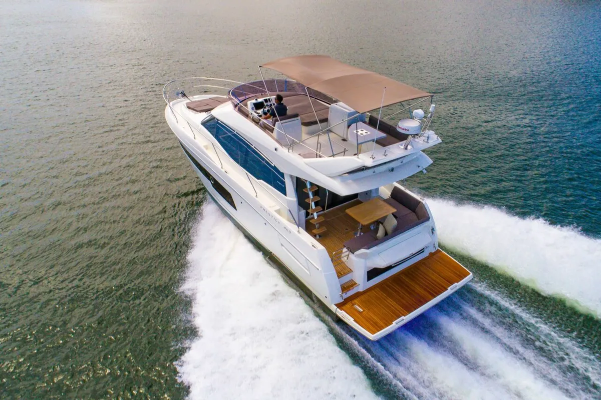 Exterior view of Prestige 460, a Jeanneau Prestige 460 Fly motor yacht at Grad Pula, Croatia