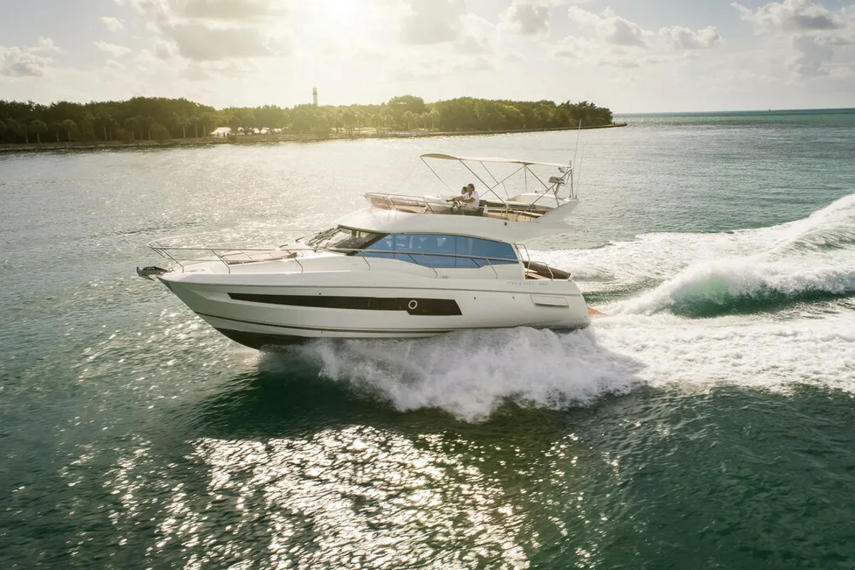 Exterior view of Prestige 460, a Jeanneau Prestige 460 Fly motor yacht at Grad Pula, Croatia