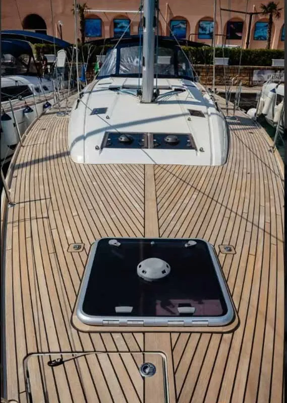 Deck of Kalos, a Jeanneau Sun Odyssey 519 sailboat at Tropea, Italy