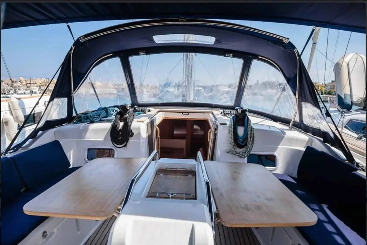 Cockpit of Kalos, a Jeanneau Sun Odyssey 519 sailboat at Tropea, Italy