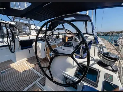Cockpit of Kalos, a Jeanneau Sun Odyssey 519 sailboat at Tropea, Italy