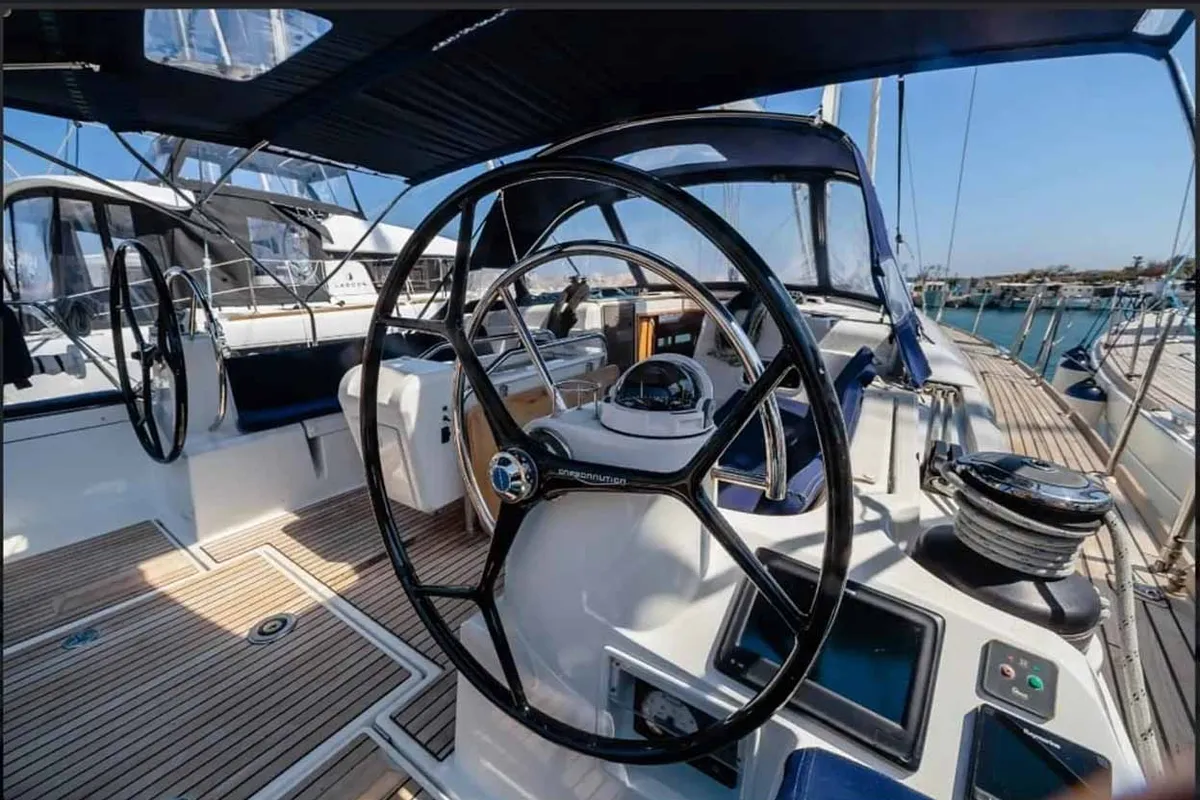 Cockpit of Kalos, a Jeanneau Sun Odyssey 519 sailboat at Tropea, Italy