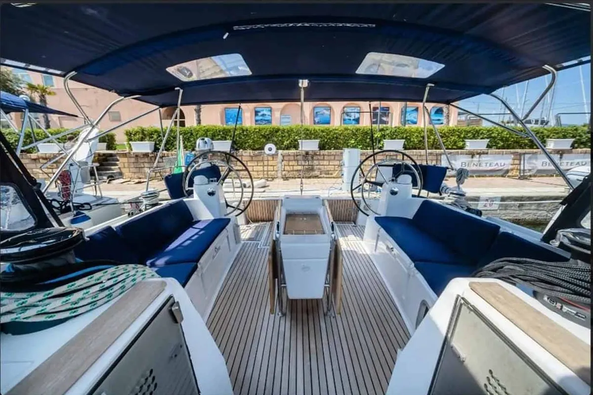 Cockpit of Kalos, a Jeanneau Sun Odyssey 519 sailboat at Tropea, Italy