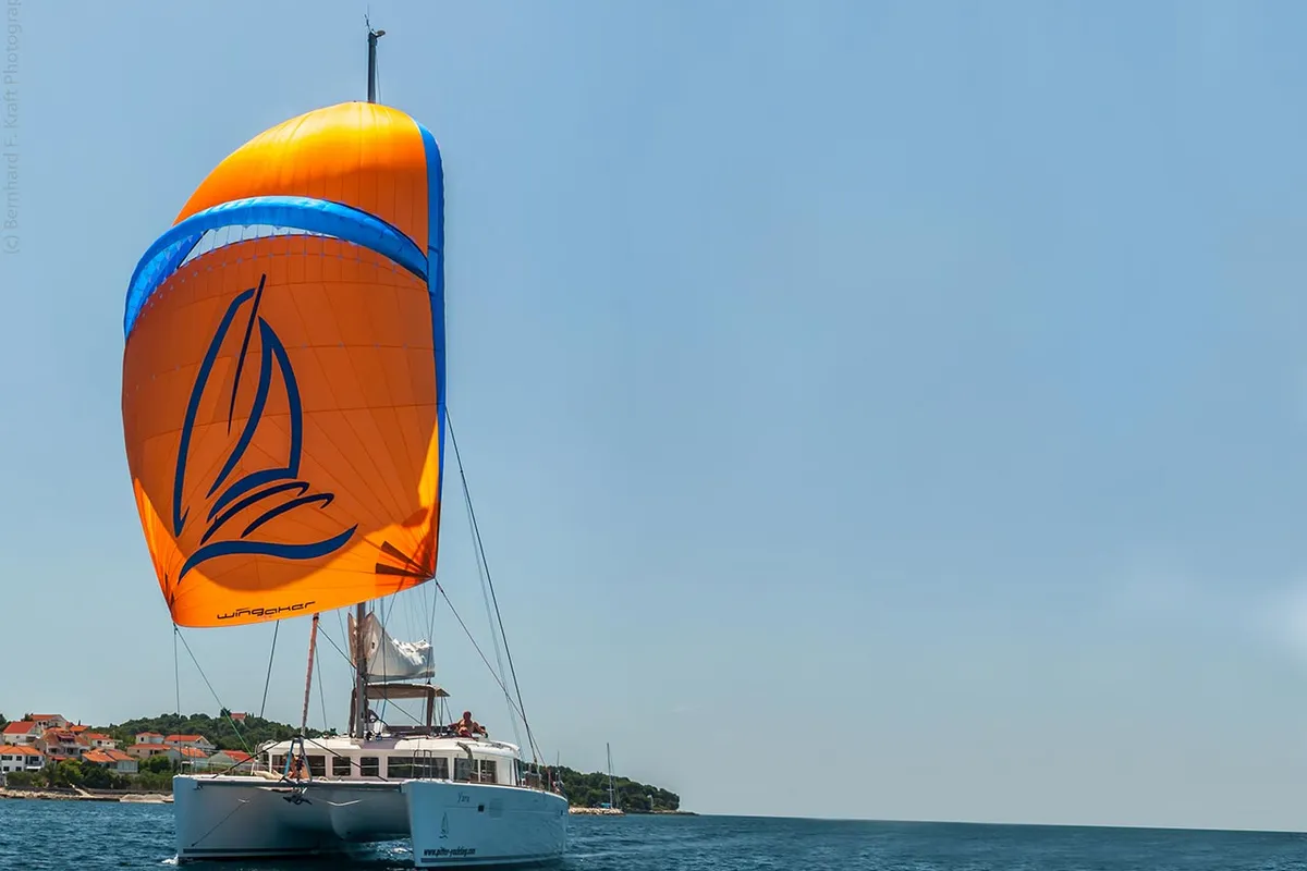 Exterior view of Yara, a Lagoon 450 F catamaran at Kontokali, Greece