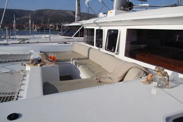 Deck of Yara, a Lagoon 450 F catamaran at Kontokali, Greece