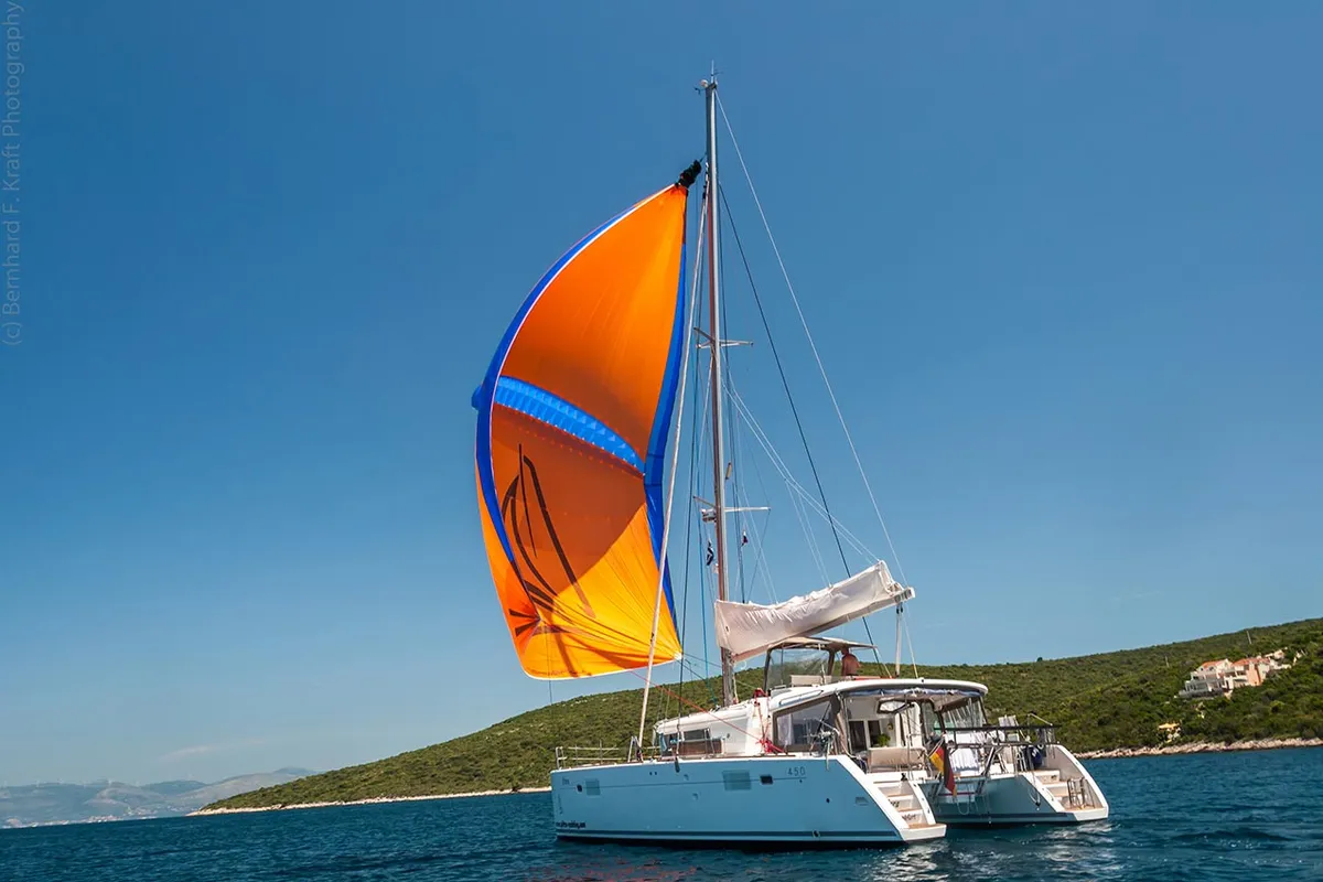 Exterior view of Yara, a Lagoon 450 F catamaran at Kontokali, Greece