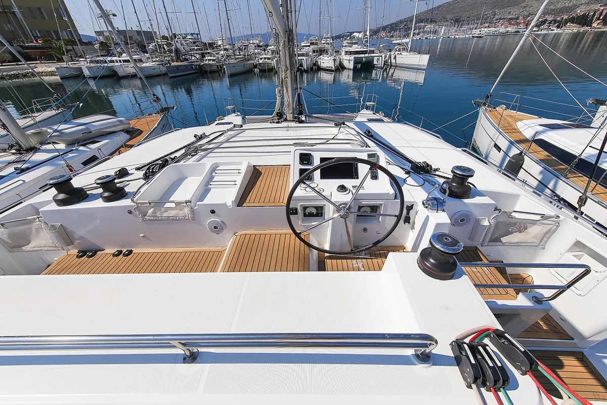 Cockpit of Yara, a Lagoon 450 F catamaran at Kontokali, Greece