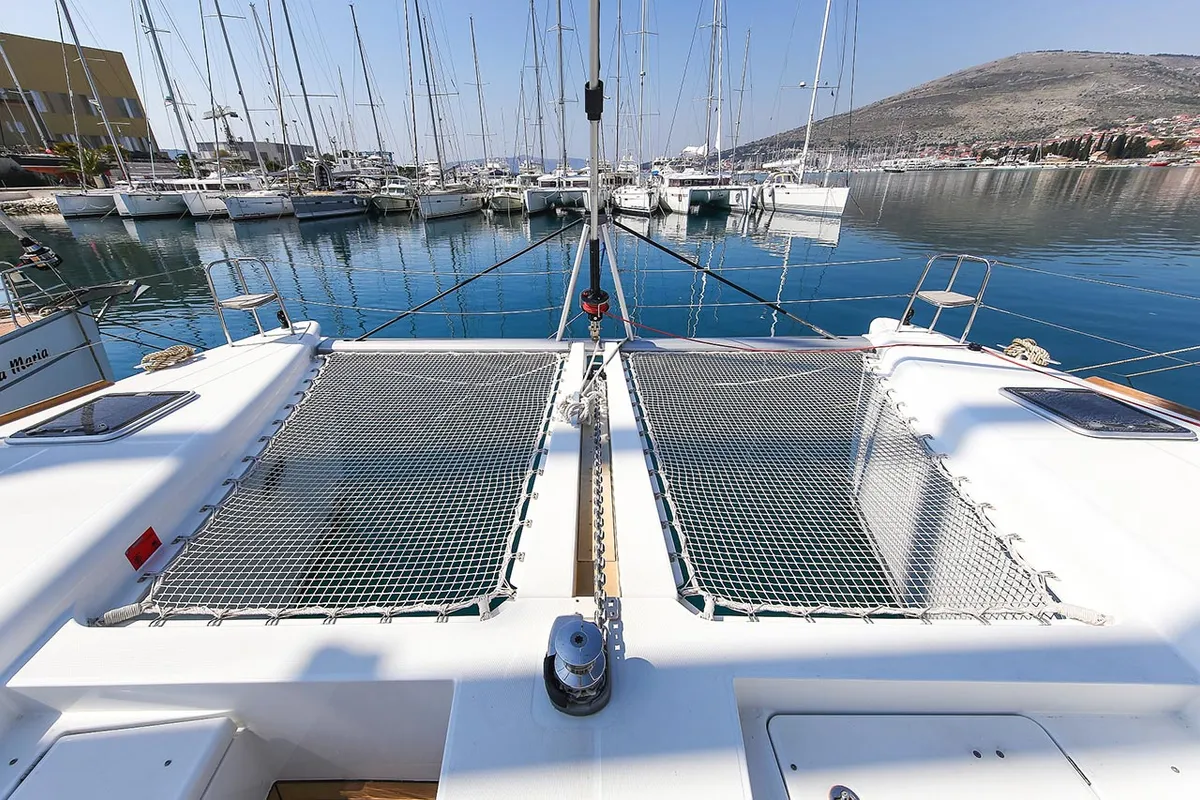 Deck of Yara, a Lagoon 450 F catamaran at Kontokali, Greece