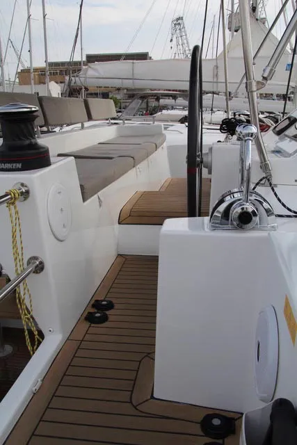 Deck of Yara, a Lagoon 450 F catamaran at Kontokali, Greece