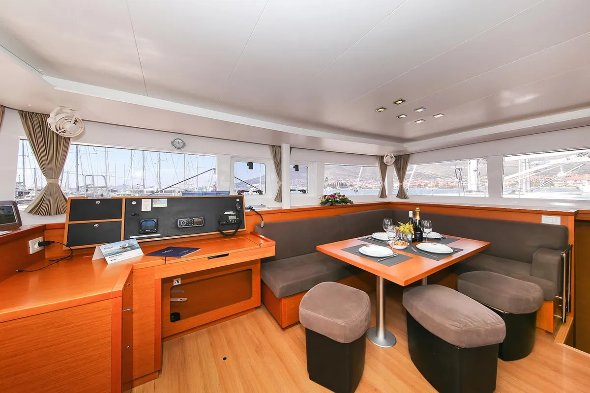 Salon of Yara, a Lagoon 450 F catamaran at Kontokali, Greece