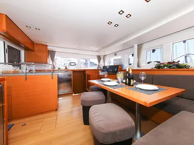Salon of Yara, a Lagoon 450 F catamaran at Kontokali, Greece