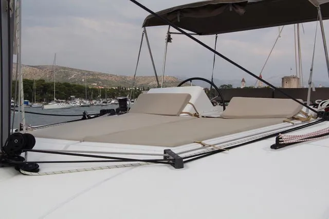 Deck of Yara, a Lagoon 450 F catamaran at Kontokali, Greece