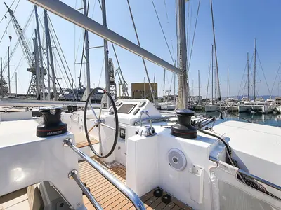 Cockpit of Yara, a Lagoon 450 F catamaran at Kontokali, Greece