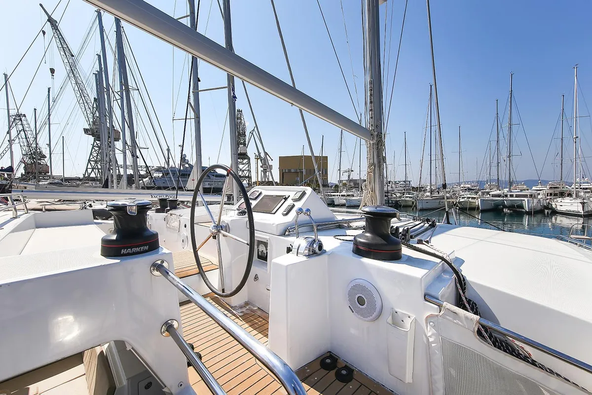 Cockpit of Yara, a Lagoon 450 F catamaran at Kontokali, Greece