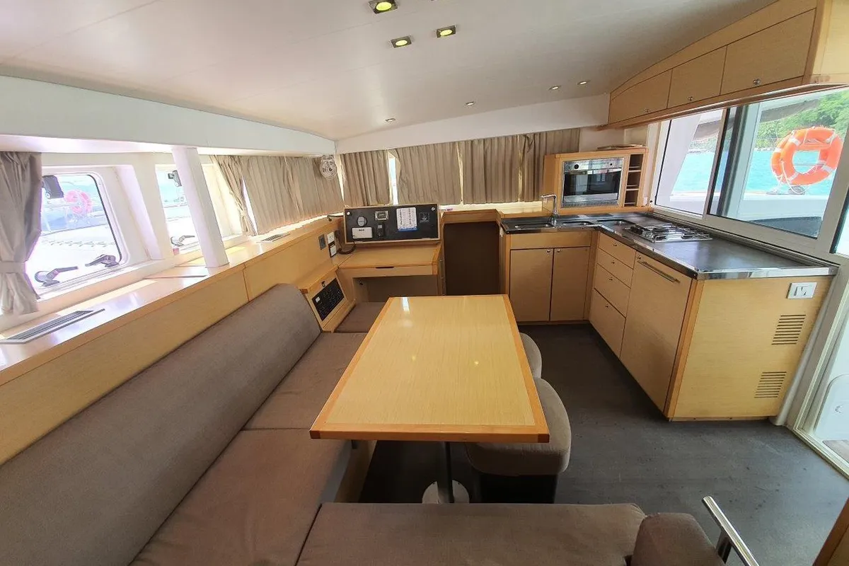 Salon of ToyBoy, a Lagoon 400 S2 catamaran at Mai Khao, Thailand