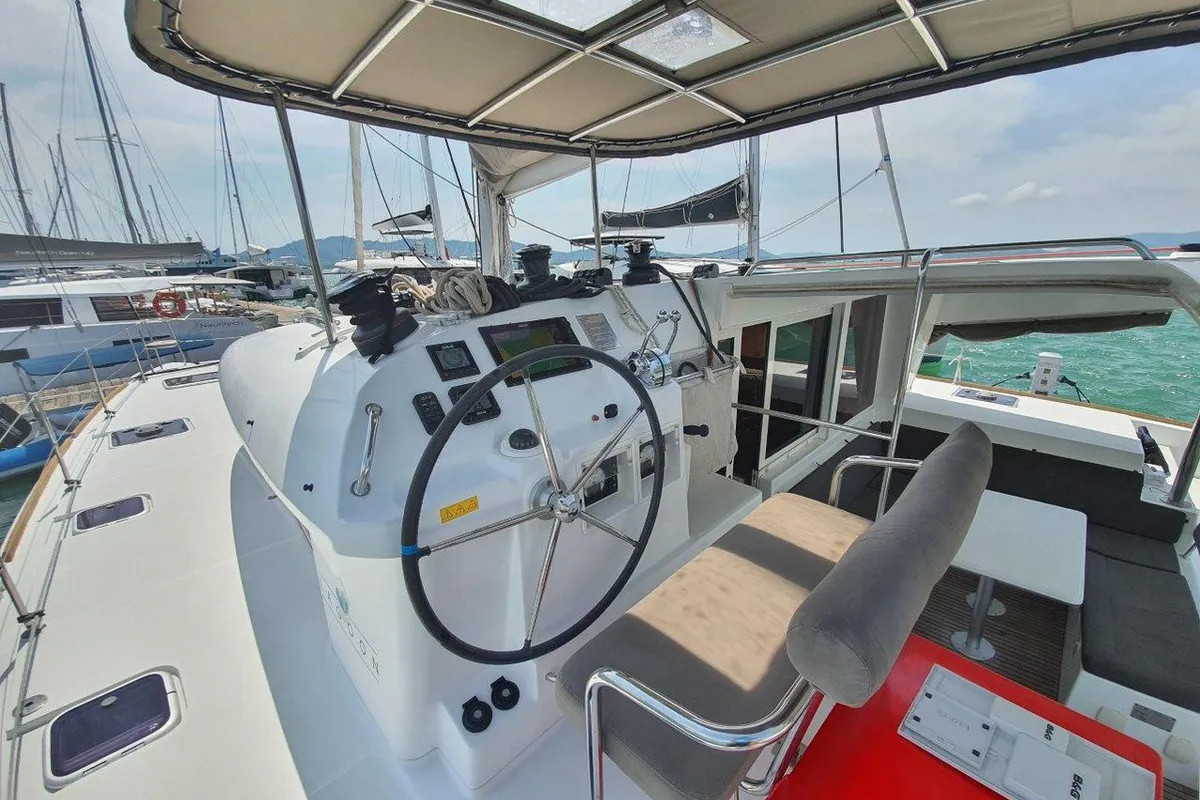 Cockpit of ToyBoy, a Lagoon 400 S2 catamaran at Mai Khao, Thailand