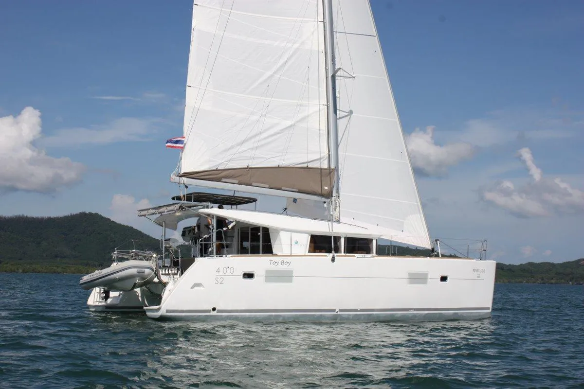 Exterior view of ToyBoy, a Lagoon 400 S2 catamaran at Mai Khao, Thailand