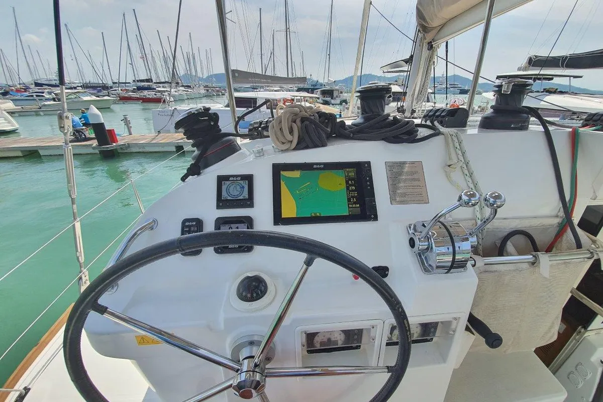 Cockpit of ToyBoy, a Lagoon 400 S2 catamaran at Mai Khao, Thailand