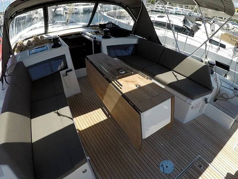 Cockpit of Avanti, a Dufour 470 sailboat at Grad Šibenik, Croatia