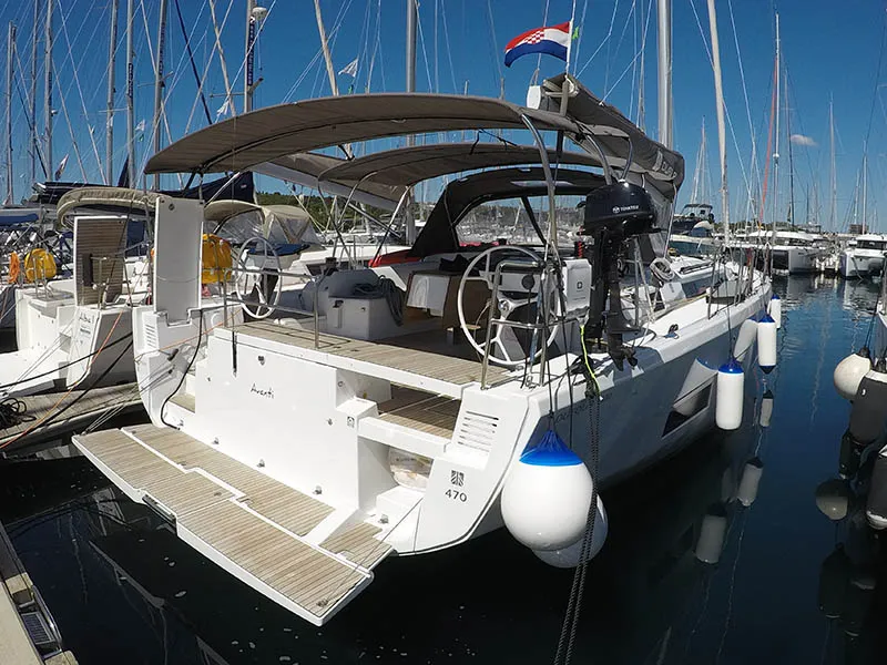 Exterior view of Avanti, a Dufour 470 sailboat at Grad Šibenik, Croatia