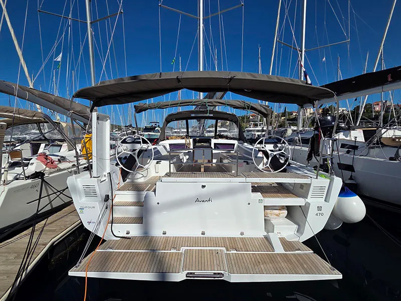 Exterior view of Avanti, a Dufour 470 sailboat at Grad Šibenik, Croatia