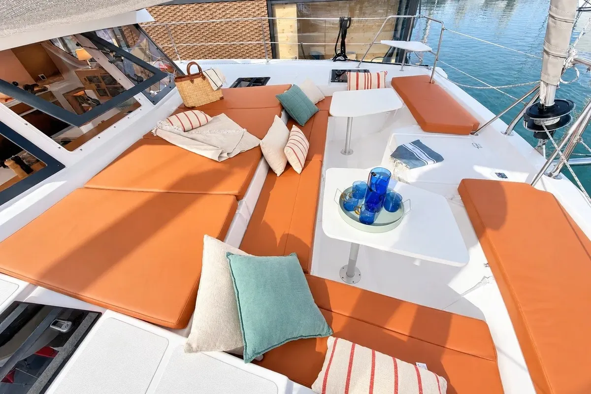 Deck of El Lucky, a Bali Catspace catamaran at Lefkada, Greece