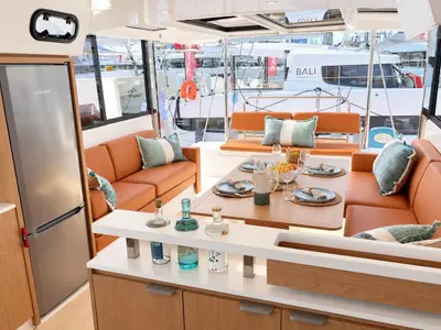 Salon of El Lucky, a Bali Catspace catamaran at Lefkada, Greece