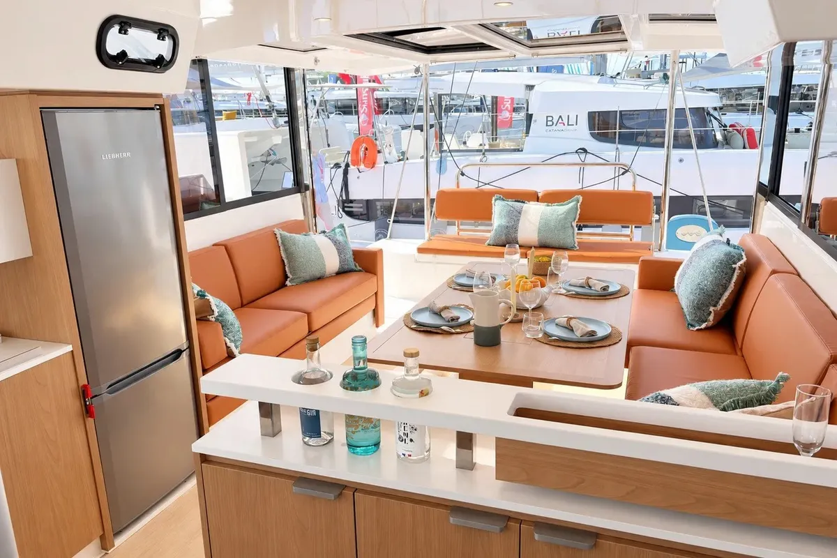 Salon of El Lucky, a Bali Catspace catamaran at Lefkada, Greece